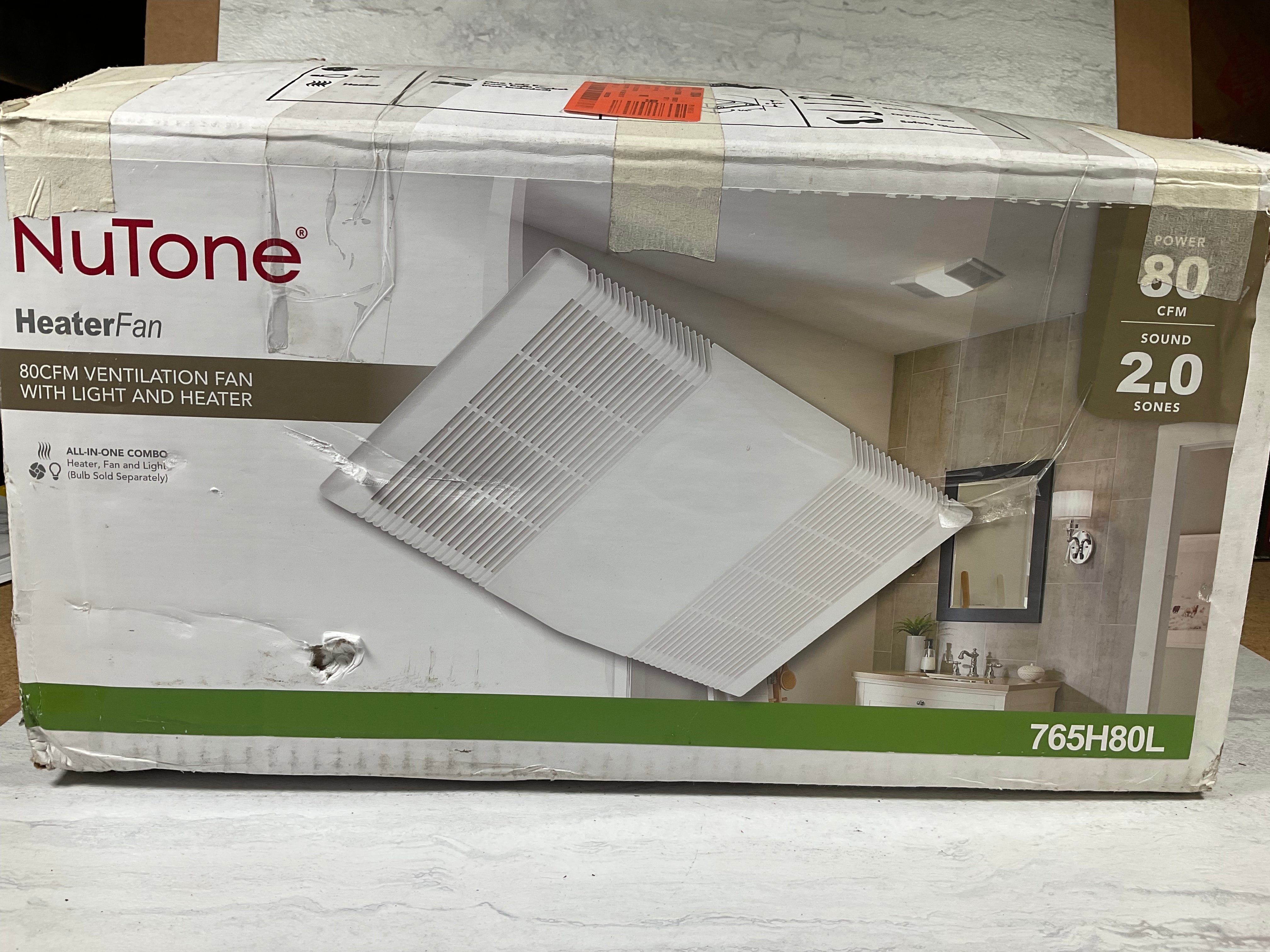 NuTone 765H80L: 80 CFM 2 Sone Ceiling Mounted Exhaust Fan, Heater and LED Light (6931972063415)